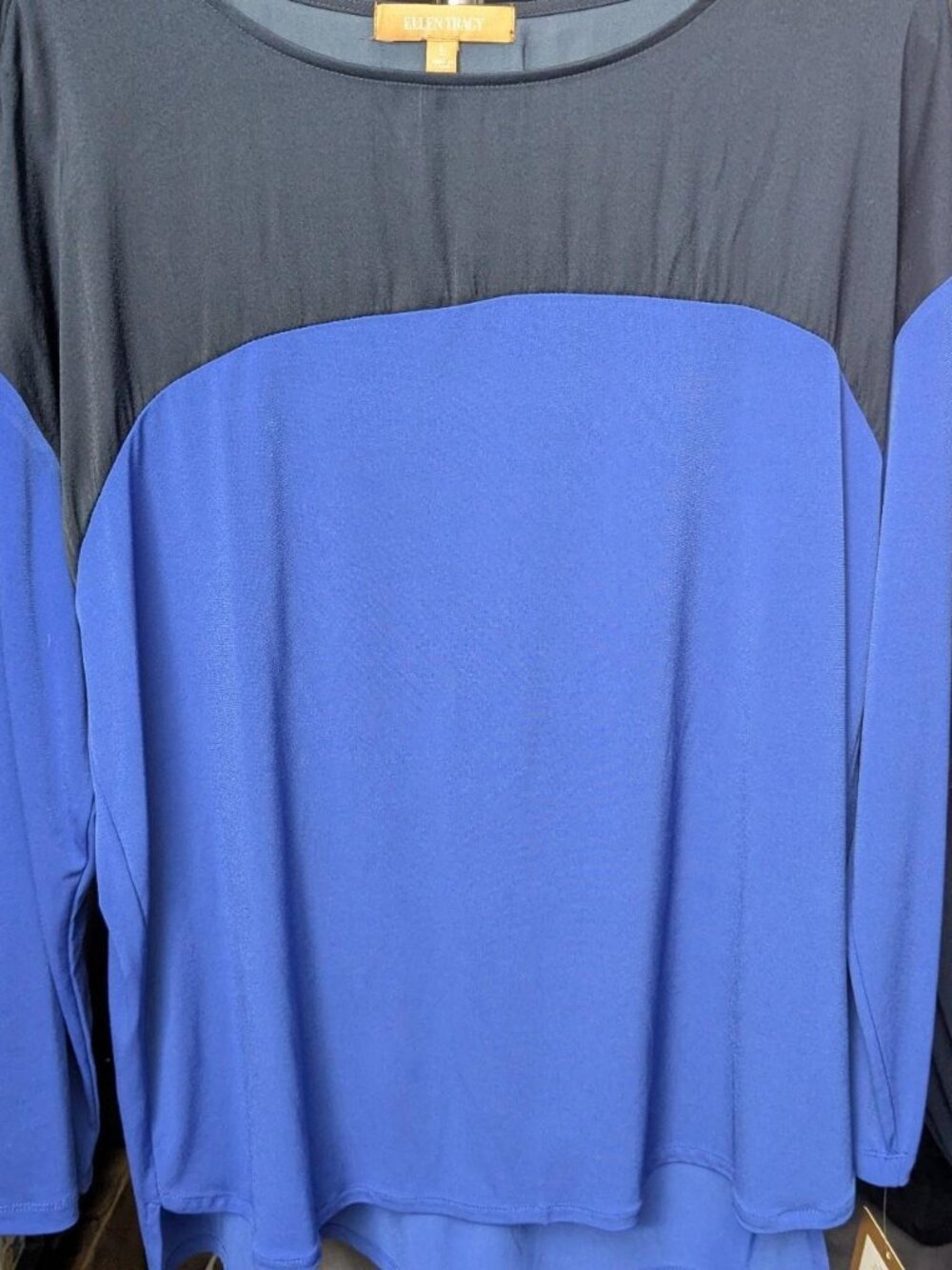 Ellen Tracy Royal Blue & Black Color Block Long Sleeve Blouse Size L